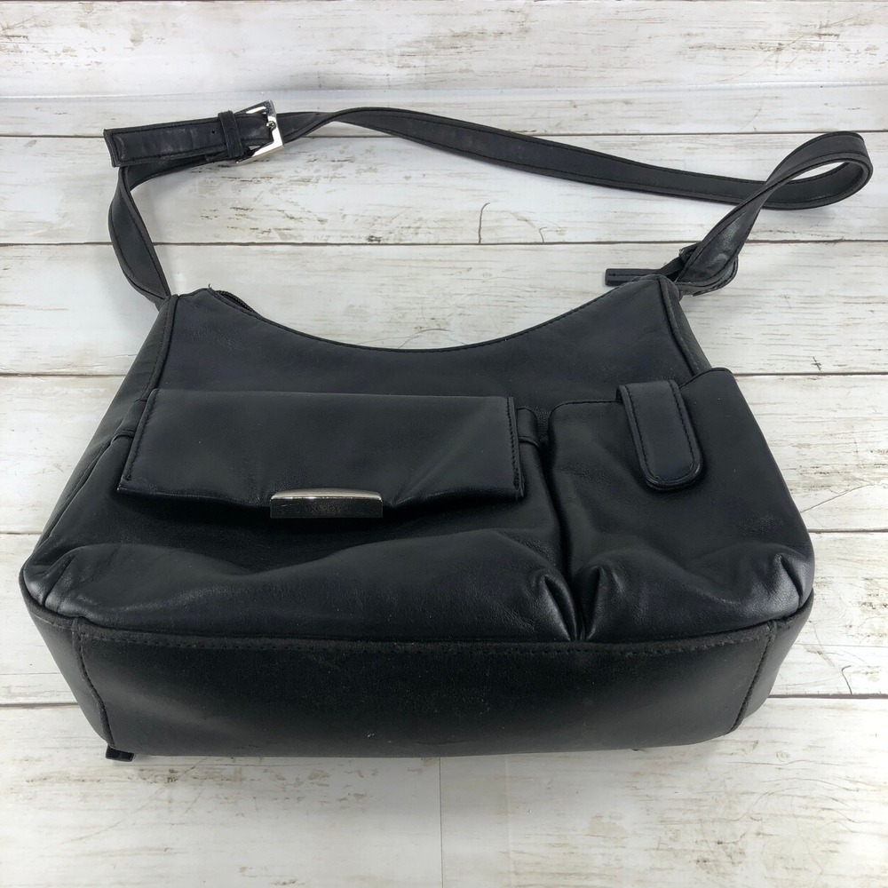 East 5th Black Leather Crossbody Bag Multi Pocket Shoulder Purse Silver Hardware - Picture 6 of 6